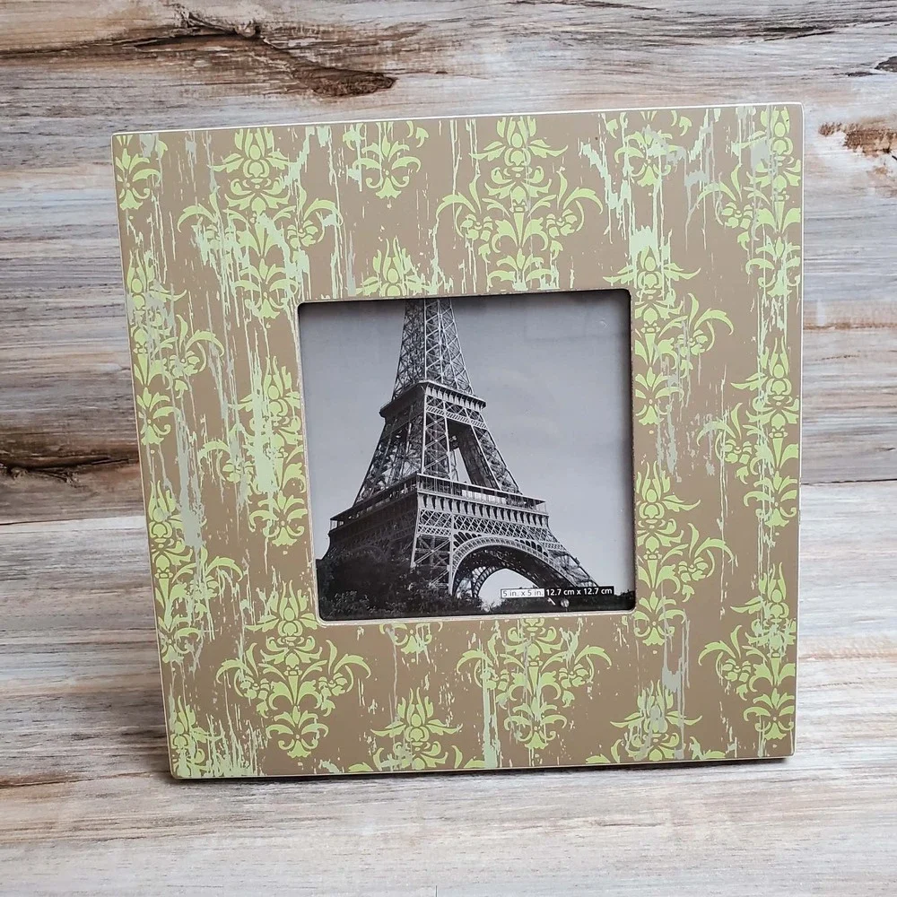Schurman Retail Group 5x5 Square Picture Frame Tan Green Damask Distressed Decor